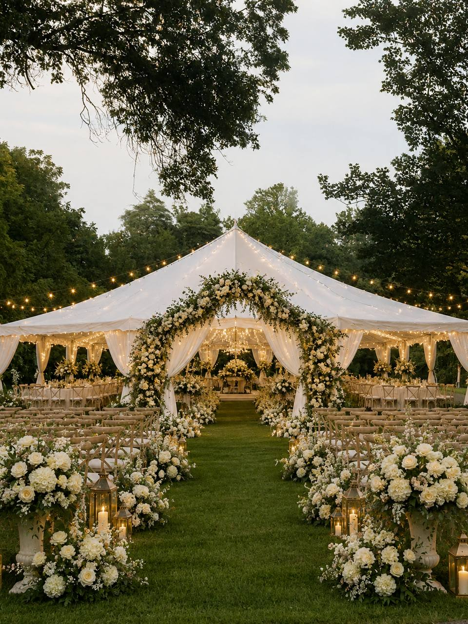 Reception tent glowing with candlelight and white florals in the evening
