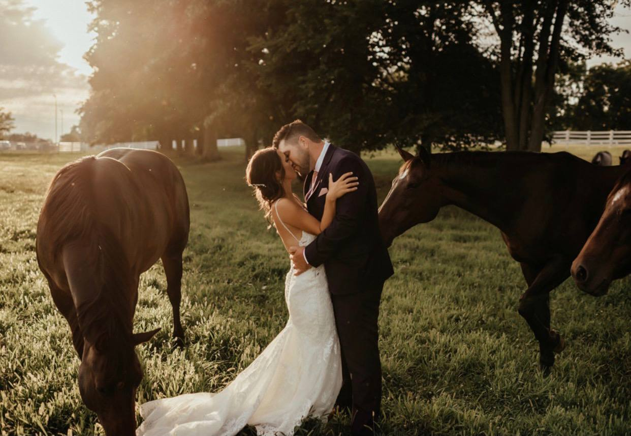 Bride and groom sharing a kiss at golden hour among grazing horses