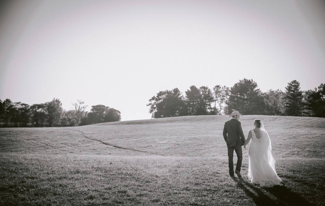 Black and white view of the rolling meadow and treeline at sunset
