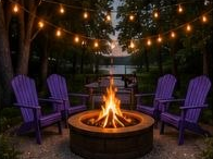 A fire pit surrounded by purple chairs under string lights