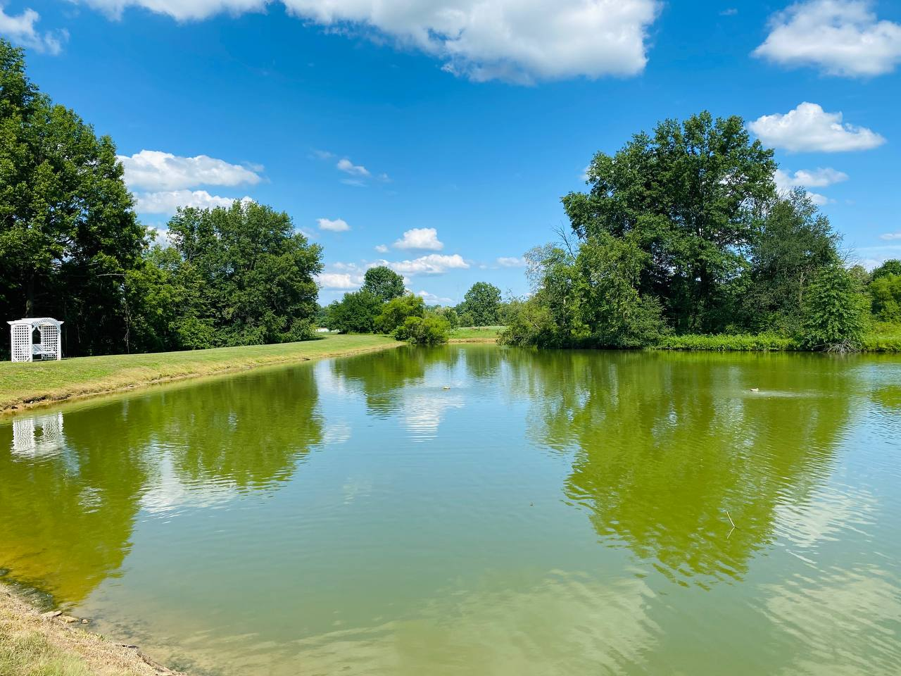 White arbor beside the still green water of the private lake