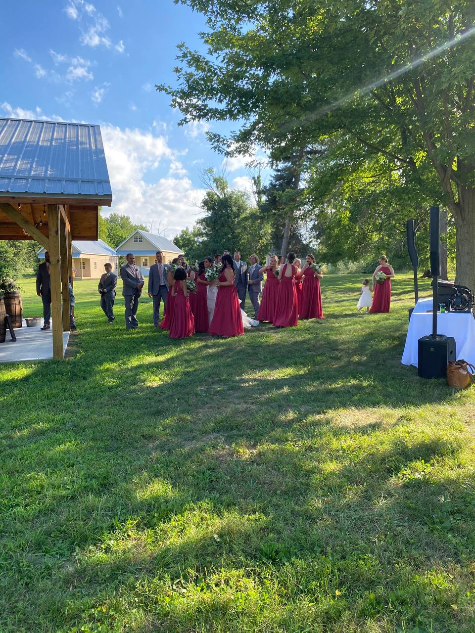Bridal party in red gowns gathered on the lawn beside the pavilion
