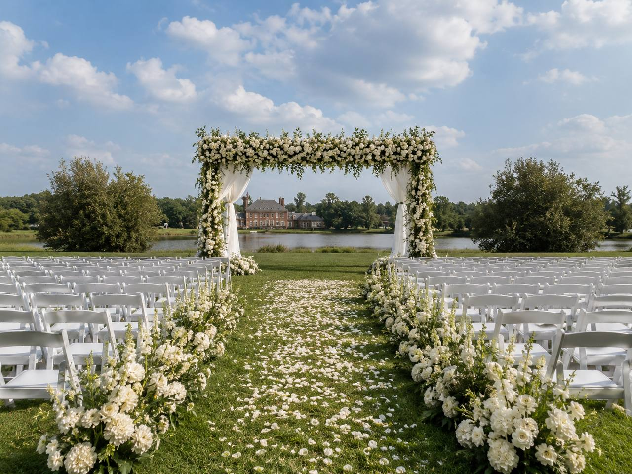 Ceremony aisle lined with white florals overlooking the lake
