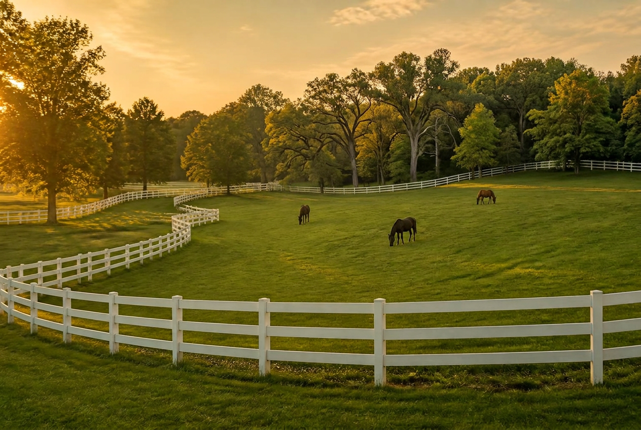 Golden-hour pasture with white four-rail fencing and horses grazing in the distance