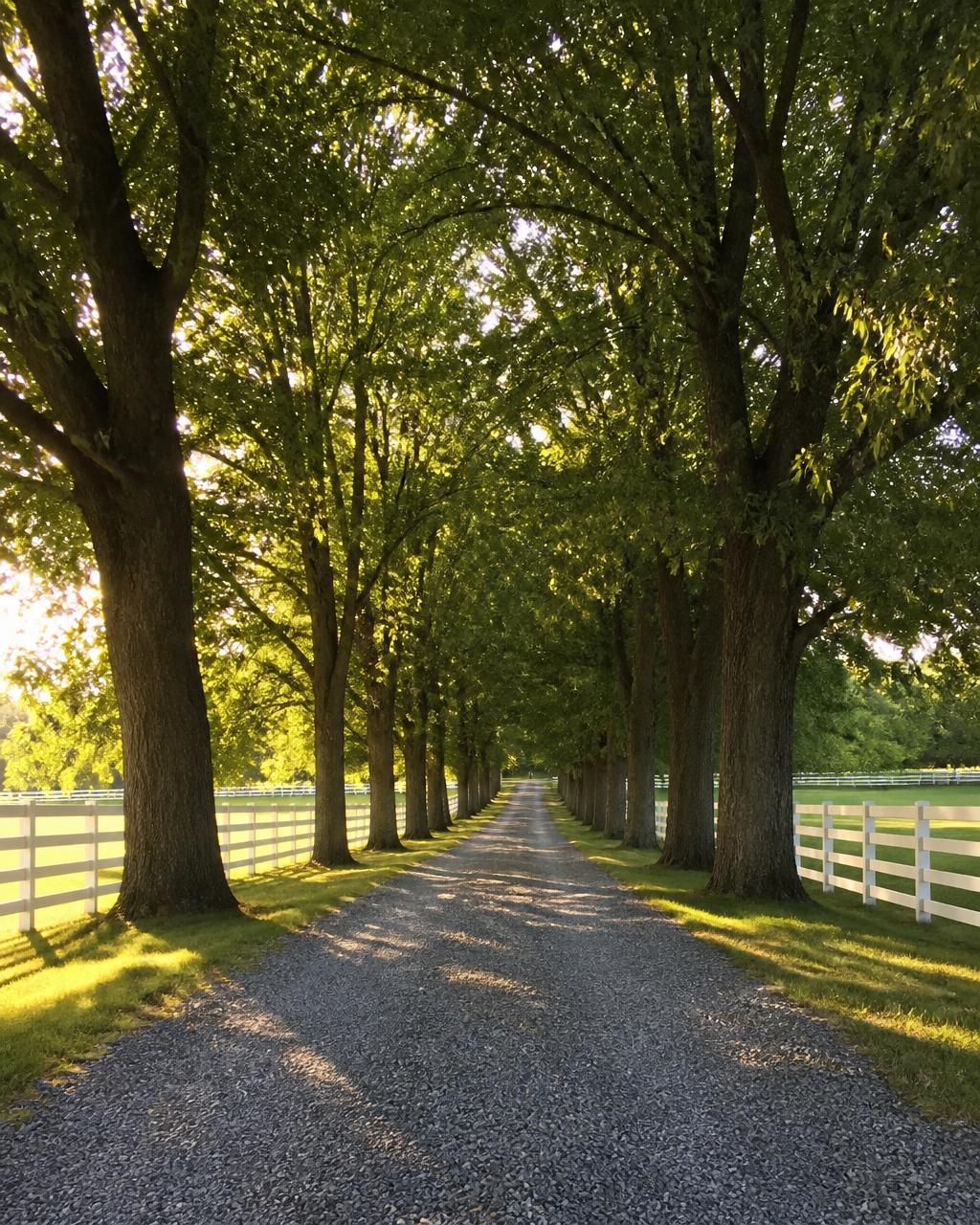 Tree-lined gravel driveway with white wood fencing along both sides