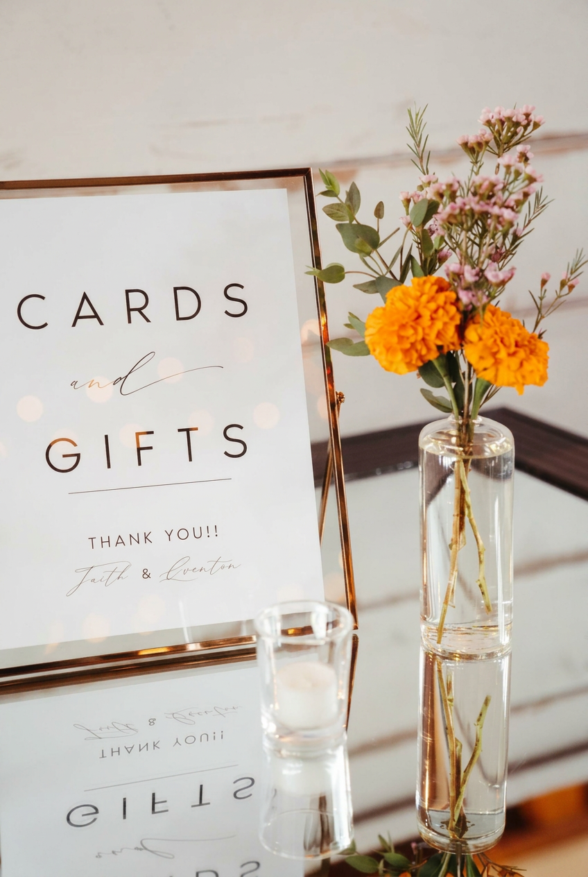 Cards and gifts signage with a bud vase of marigolds at a lakeside reception