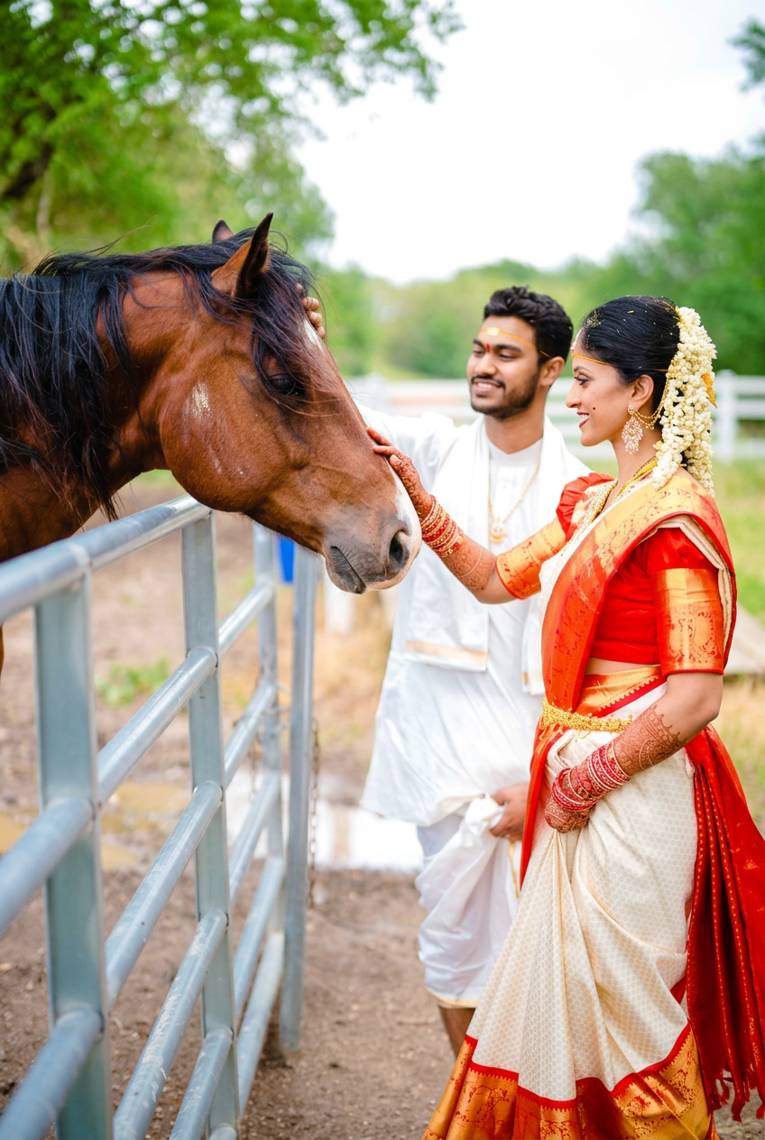 Couple in traditional wedding attire greeting a horse at the paddock gate